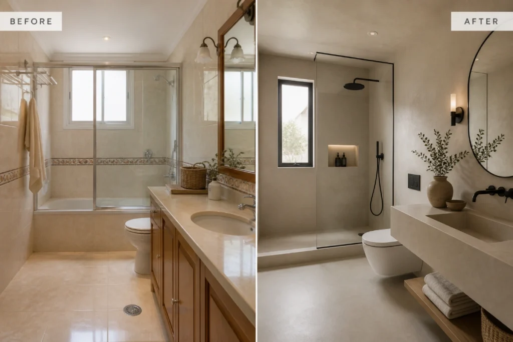 Salón reformado con diseño de interiores moderno, materiales naturales y luz natural