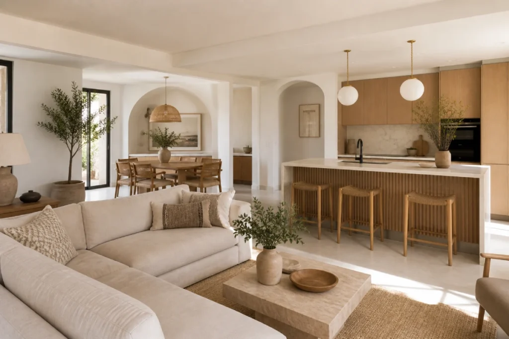 Salón reformado con diseño de interiores moderno, materiales naturales y luz natural