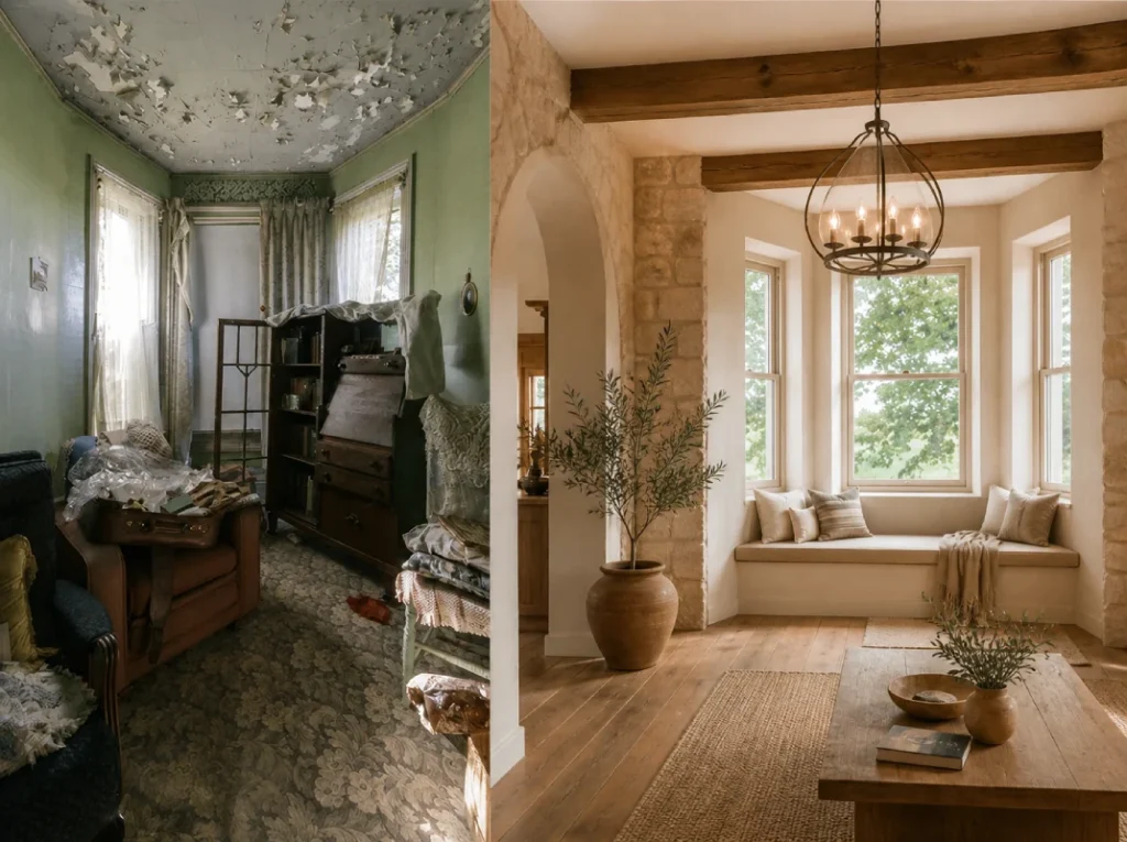 Salón reformado con diseño de interiores moderno, materiales naturales y luz natural