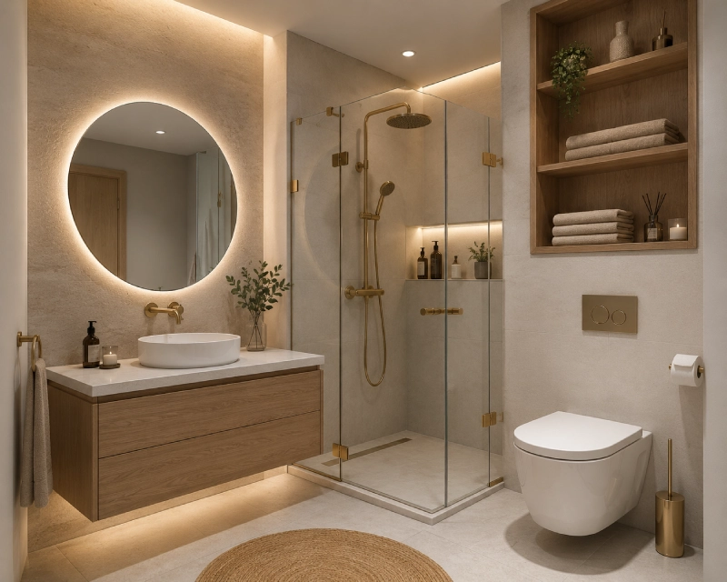Esquema de distribución de un baño con las medidas recomendadas de ducha, mueble de lavabo, espejo, inodoro y accesorios.
