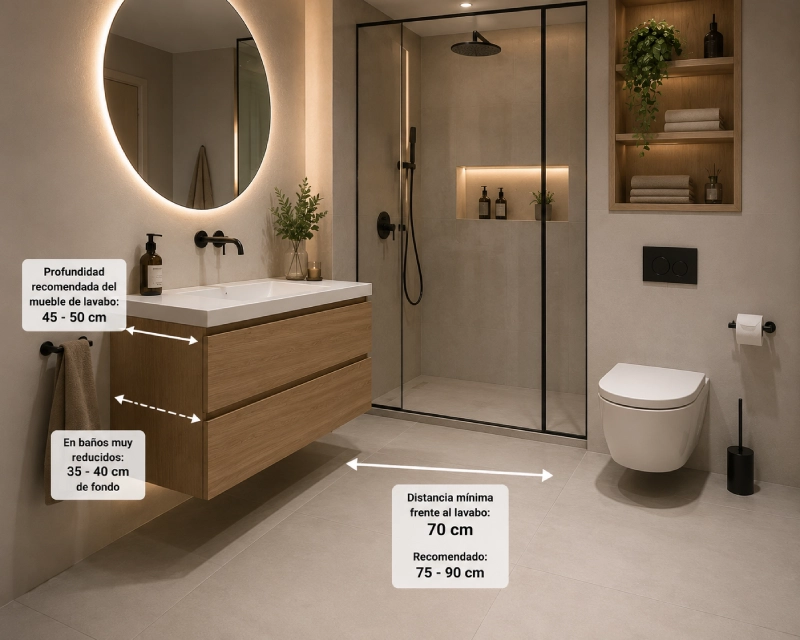Esquema de distribución de un baño con las medidas recomendadas de ducha, mueble de lavabo, espejo, inodoro y accesorios.
