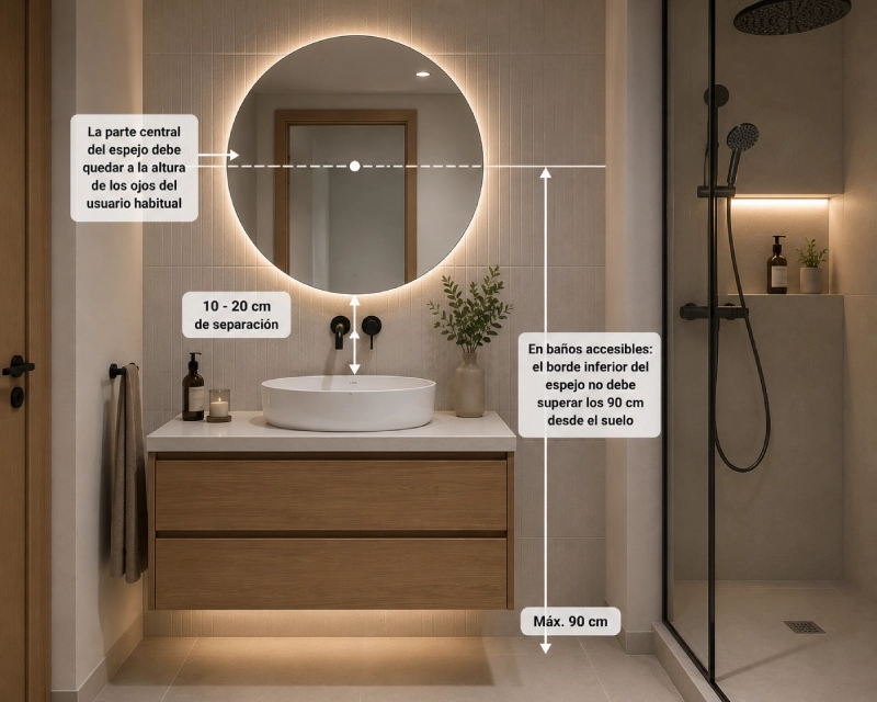 Esquema de distribución de un baño con las medidas recomendadas de ducha, mueble de lavabo, espejo, inodoro y accesorios.