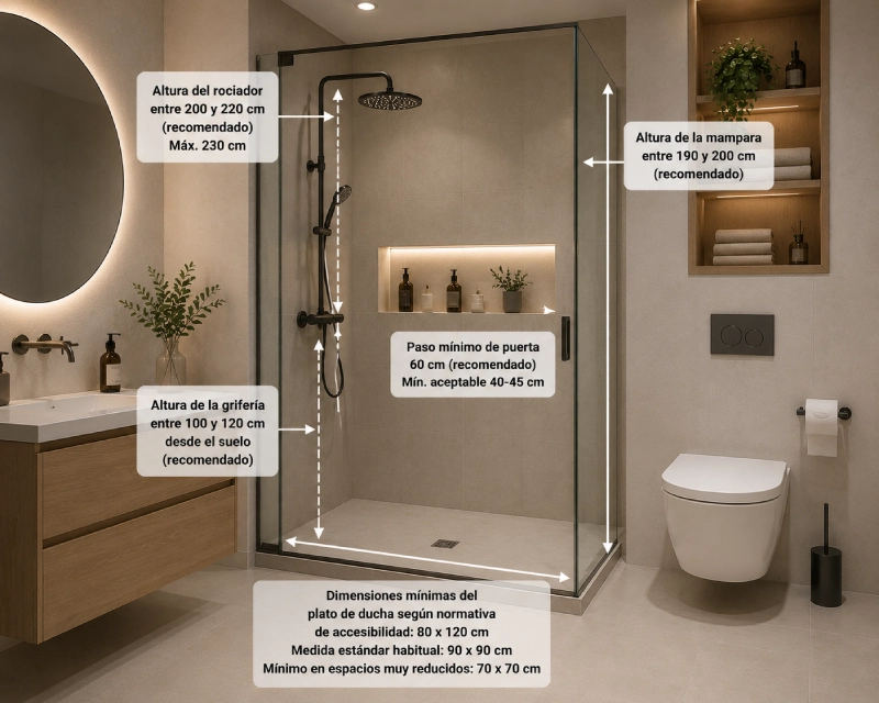 Esquema de distribución de un baño con las medidas recomendadas de ducha, mueble de lavabo, espejo, inodoro y accesorios.
