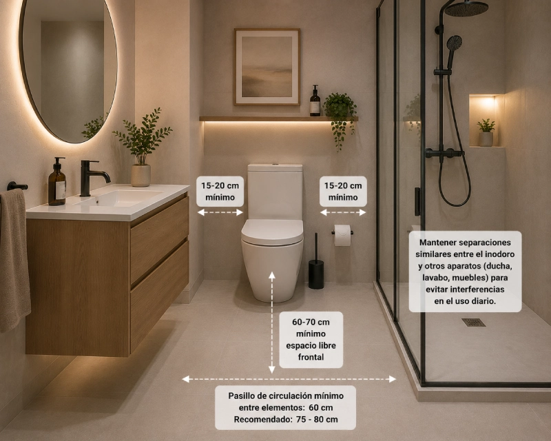 Esquema de distribución de un baño con las medidas recomendadas de ducha, mueble de lavabo, espejo, inodoro y accesorios.