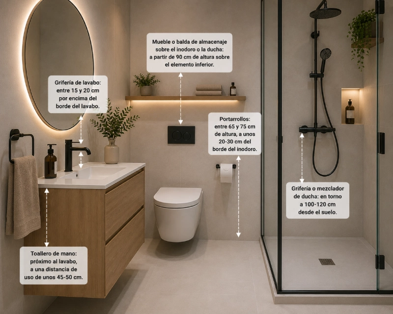 Esquema de distribución de un baño con las medidas recomendadas de ducha, mueble de lavabo, espejo, inodoro y accesorios.