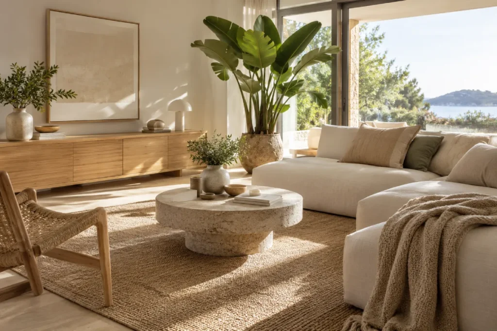 Salón decorado con interiorismo sostenible: mobiliario de madera y bambú, textiles naturales y luz natural en tonos neutros