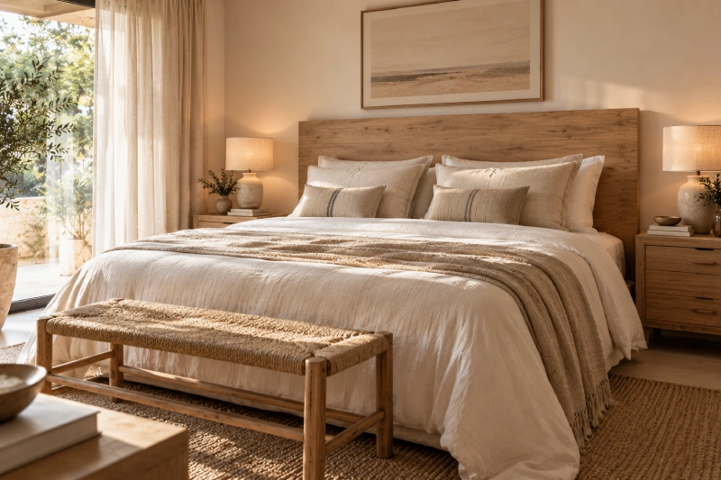 Dormitorio decorado en tonos neutros con cabecero de madera y textiles de algodón para favorecer el descanso