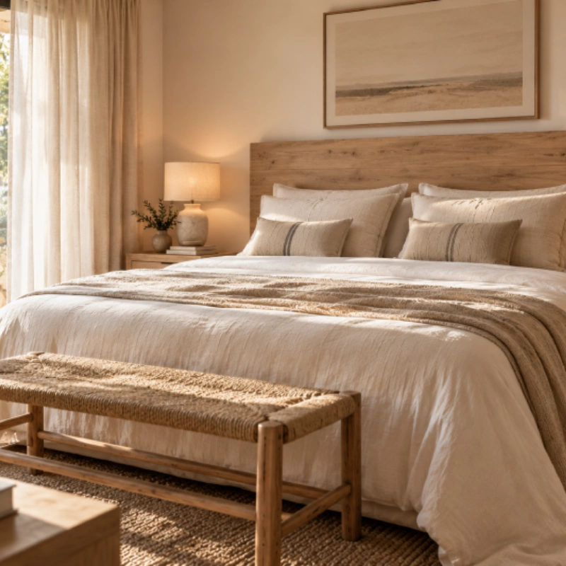 Dormitorio decorado en tonos neutros con cabecero de madera y textiles de algodón para favorecer el descanso