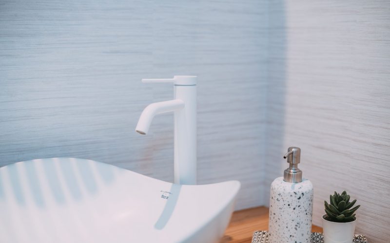 Lavabo blanco en un baño, adornado con una planta y un pequeño jarrón, del Proyecto Wellness Parque Santiago 3.